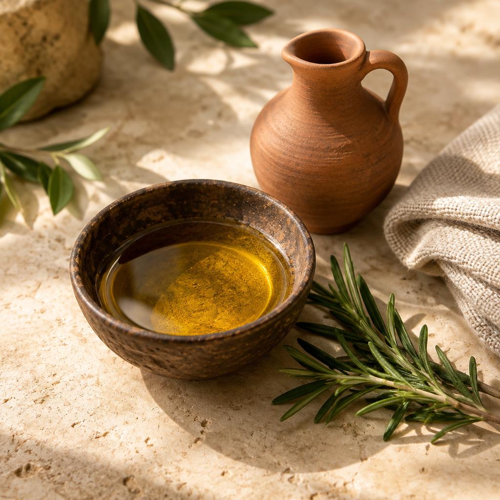 Aceite ayurvédico, cerámica y hierbas sobre una tela natural